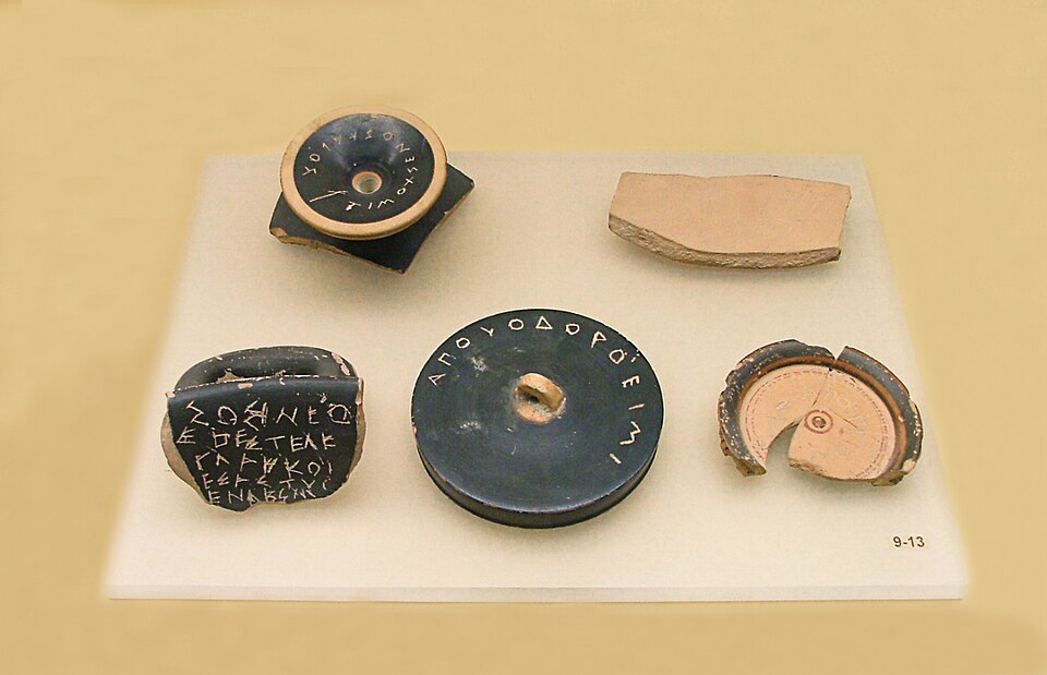 Fragments of ancient Greek pottery with inscriptions, Agora Museum Athens