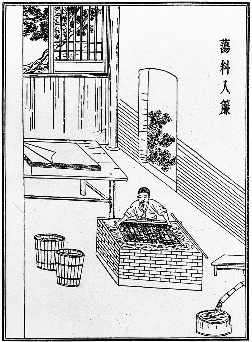 Ancient Chinese papermaking: casting the paper pulp, as described by Cai Lun in 105 CE